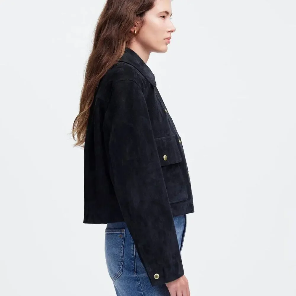 NWT Madewell Crop Chore Jacket in Suede Navy Blue L